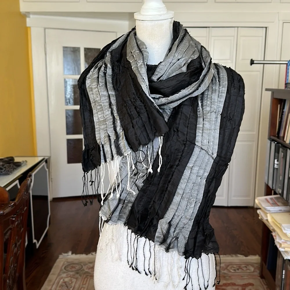 Sevya handmade crinkled silk rectangular oblong scarf with fringe black silver